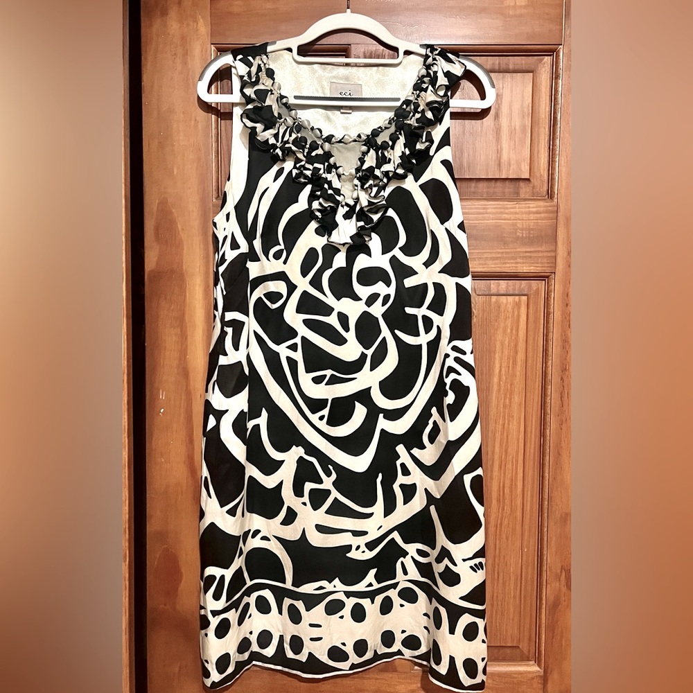 silk cocktail dress, black & cream abstract print